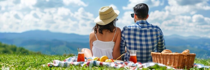 Obraz premium Romantic outdoor picnic in dolomites, italy couple enjoying green grass, blue sky, and white clouds