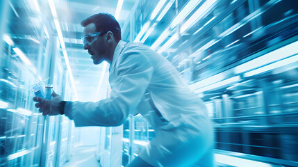 A cinematic photo of a scientist rushing with test tubes in his hands. he is carrying many research samples in the laboratory. He has glasses and wears a white lab coat