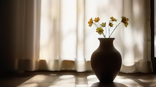 Elegant interior design featuring a vase of fresh flowers next to a sunlit window