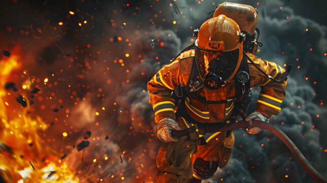 A cinematic picture of a firefighter sprinting with a hose in his hands. he is carrying many rescue tools on the burning building. He has a helmet and wears a yellow suit
