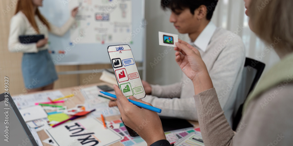 Wall mural brainstorm team of creative web graphic designer planning, group of mobile phone app developer team 