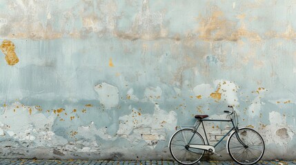 Vintage bicycle parked next to a weathered wall with peeling paint.