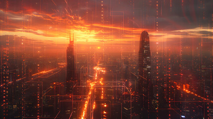 A cityscape at sunset with skyscrapers and active streets. joined by glowing data streams that build a sophisticated grid of technology and novelty