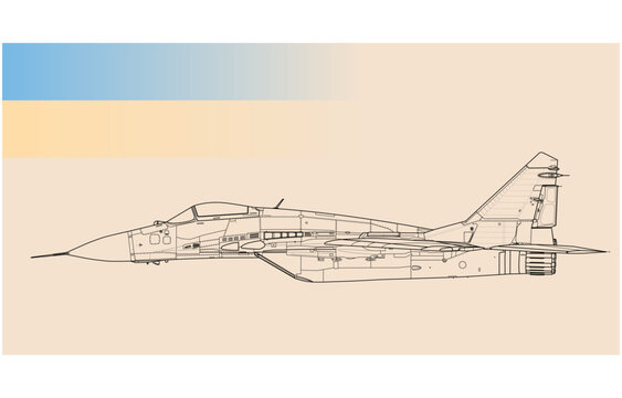 Ukrainian air force MiG-29 fighter jet. Military jet aircraft poster template. Vector image for prints, poster and illustrations.