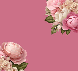 pink flower bouquet with dusty pink and cream roses, peonies, hydrangeas, and tropical leaves. Spring bouquets  - obrazy, fototapety, plakaty