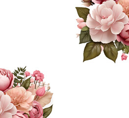 Pink flowers bouquet with dusty pink and cream roses, peonies, hydrangeas, and tropical leaves. Spring bouquets isolated on a transparent background. PNG, cutout, or clipping path