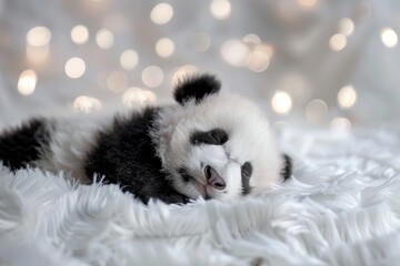 A baby panda toy peeks out with wide, curious eyes from a cozy embrace of white fluff