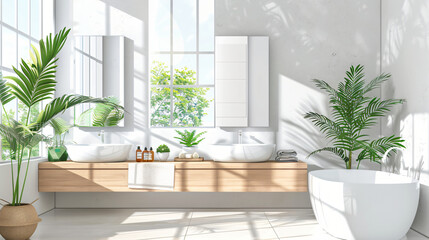Modern bathroom interior with double sink and mirror background