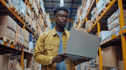 Focused black man using laptop in warehouse aisle checking inventory - obrazy, fototapety, plakaty