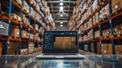 Laptop displaying 3D rendering of cardboard box in warehouse with shelves of various items. - obrazy, fototapety, plakaty