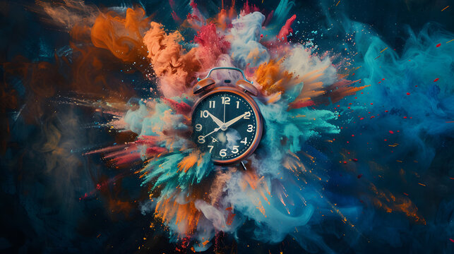 A clock exploding with a variety of hues. symbolizing the value and passage of time. The dark backdrop highlights the intense colors of its explosion. Contrast is formed by the black space around it. 