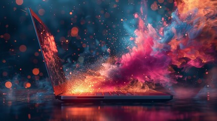 Laptop with bright colorful smoke coming out of screen on dark blue background - obrazy, fototapety, plakaty