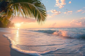 : A serene scene of a peaceful beach, with waves gently lapping against the shore, with a palm tree in the foreground, and a sunset in the background - obrazy, fototapety, plakaty