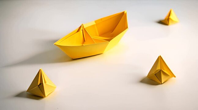A yellow paper boat, folded with care and precision, embarks on a journey across a tranquil body of water, its delicate form reflecting the serenity of its surroundings.