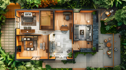 3d floor plan house, Floor plan of a house top view 3d illustration open concept living house layout © Akash Tholiya