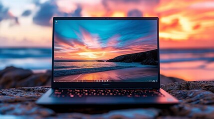 Tranquil Laptop and Accessories Arranged on Sandy Beach During Golden Hour Sunset