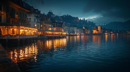 Night view of a beautiful lakeside town with lights reflecting in the water