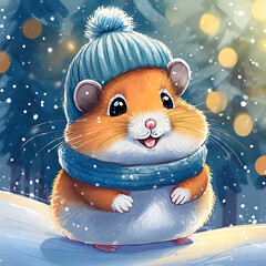 Portrait of a cute cute hamster dressed in a knitted hat and scarf in winter. AI generated. - 789250387