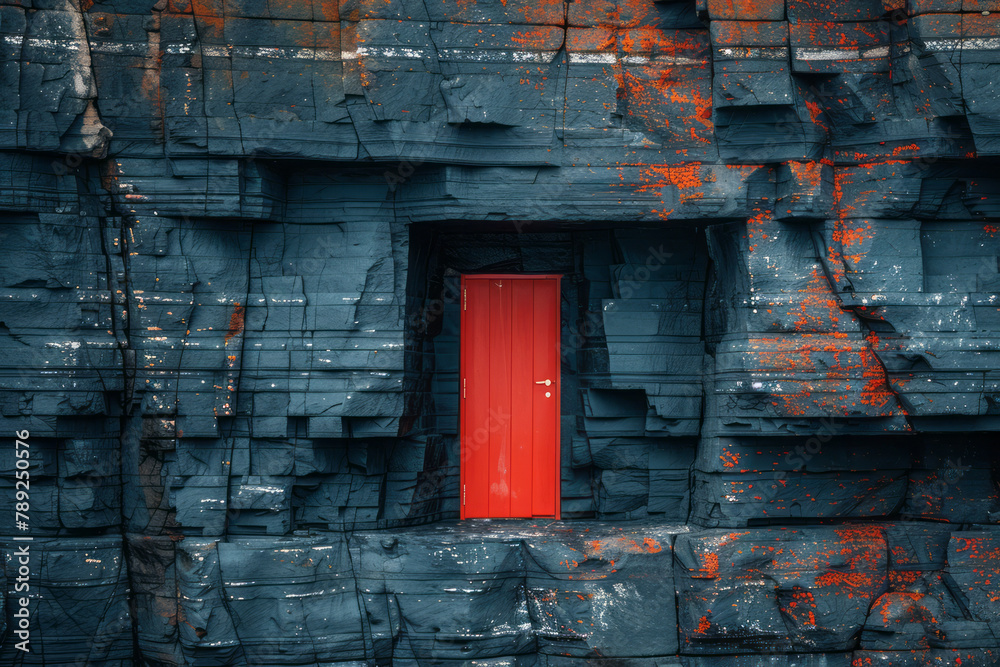 Poster a photograph capturing a bright red door positioned halfway up a cliff face, with no visible means o