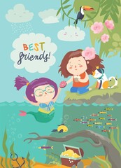 Cute mermaid and girl are best friends - obrazy, fototapety, plakaty