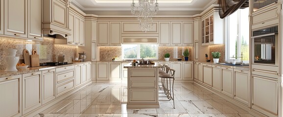 Luxury kitchen interior in light beige color with back splash trim and tile floor