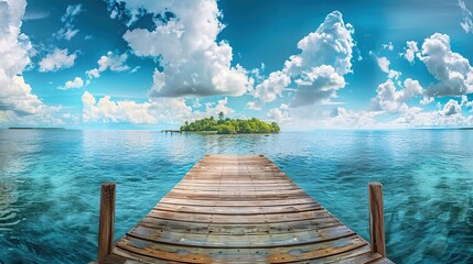 Beautiful tropical landscape background, concept for summer travel and vacation. Wooden pier to an...