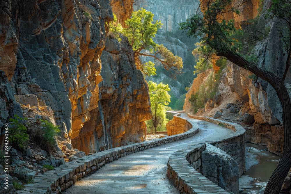 Aufkleber a photograph capturing a park path designed to look like a deep canyon from one angle but flat from