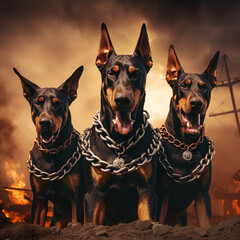 doberman dog barking in hell with chain thunder on the background сreated with Generative Ai - obrazy, fototapety, plakaty