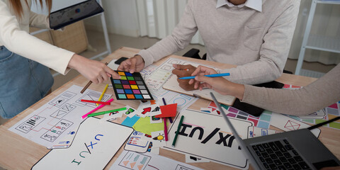 Brainstorm team of creative web graphic designer planning, Group of mobile phone app developer team...