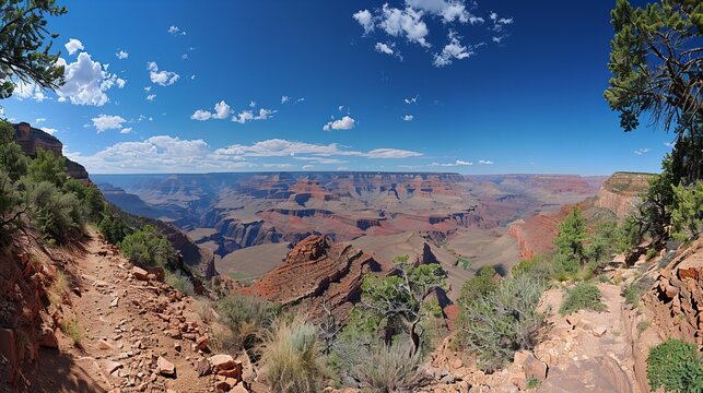 Panoramic Grand Canyon View with Blue Sky and White Clouds, Arizona Wonder