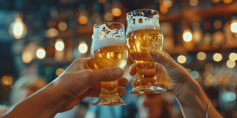 Closeup of hands toasting beer glasses in bar with friends during evening party, celebrating and having fun together,, people cheering, cheers, happy moment, nightclub,  - obrazy, fototapety, plakaty