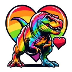 A cartoon dinosaur with a rainbow pattern and a heart.