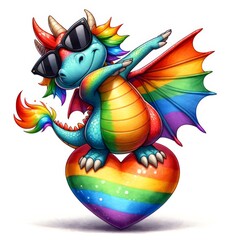 A cartoon dragon wearing sunglasses and dabbing on a rainbow heart.