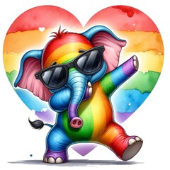 A cartoon elephant wearing sunglasses and dabbing, with a rainbow heart in the background.