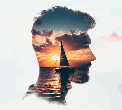 The man who is thinking about his sailboat and sailing. The photograph shows a man's head silhouette superimposed over an image of a sailboat in sunset, white background. 