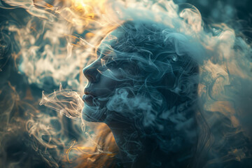 A photograph of a figure whose hair flows into real smoke, wisping and swirling around in the air. 3