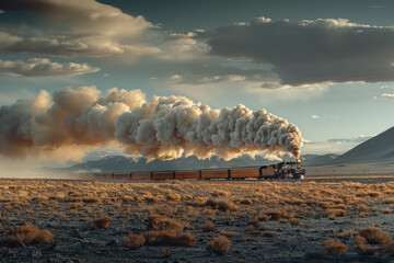A photograph of a phantom train crossing the desert, its steam and sound echoing mirage-like in the - obrazy, fototapety, plakaty