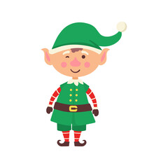 Funny and joyful helper santa sending holiday gift and decoration christmas tree. Smiling elf packing gifts. Collection of Christmas elves isolated on white background. Happy New Year. Vector.
