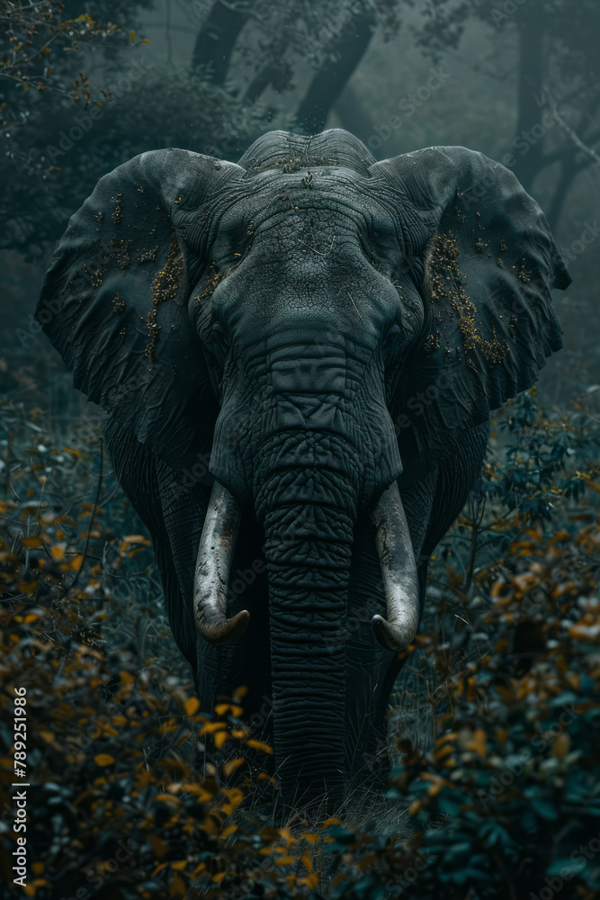 Poster a photograph of an elephant whose trunk and tusks are enhanced with hydraulic mechanisms, increasing