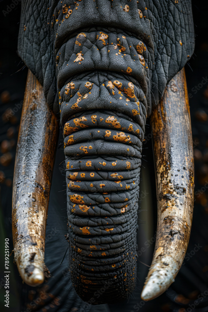 Poster a photograph of an elephant whose trunk and tusks are enhanced with hydraulic mechanisms, increasing