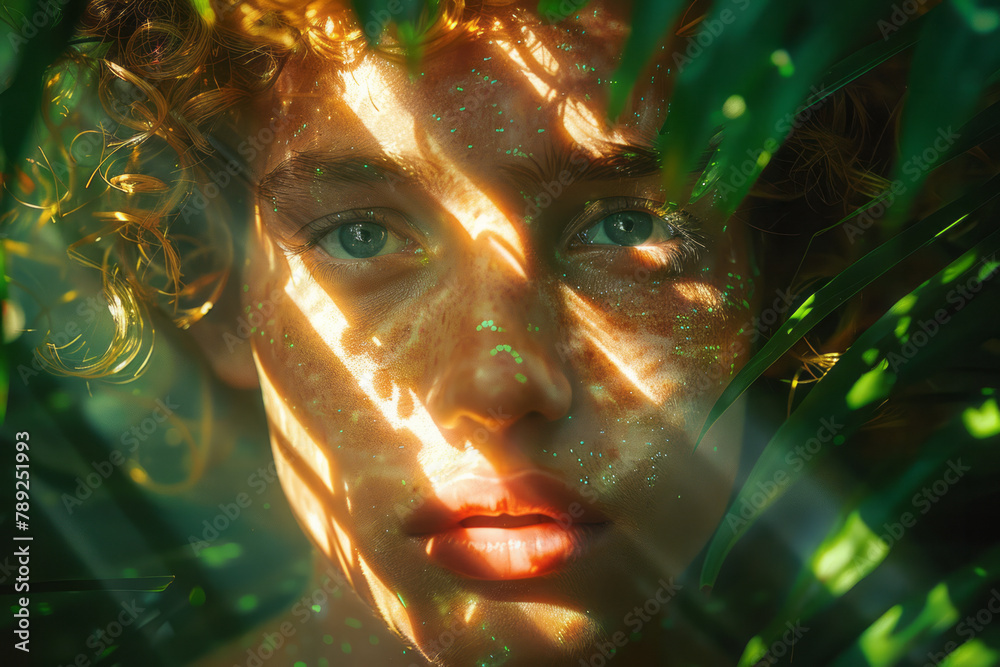 Poster a photograph of an individual whose head opens up to display a rainforest canopy, with sunlight filt