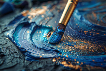 A photograph of an abstract painter blending blues, purples, and blacks with silver specks to repres
