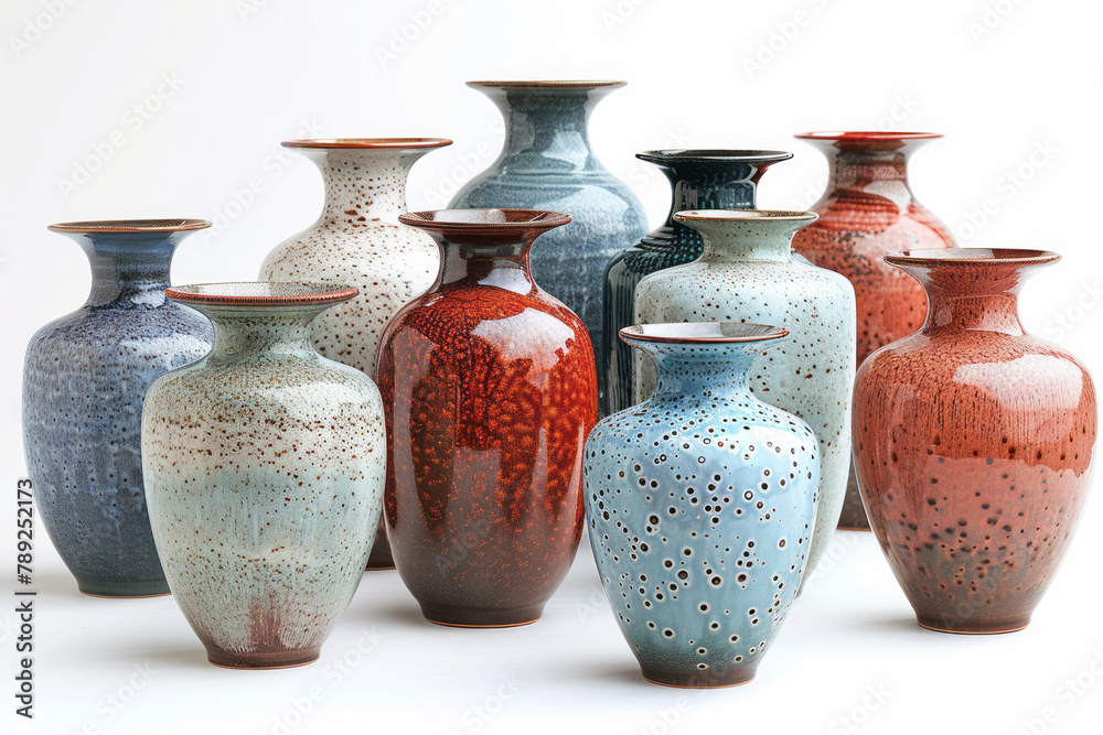 Poster a photograph showing a series of ceramic vases with glazes designed to mimic the milky way, each pie