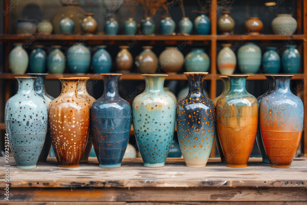 Poster a photograph showing a series of ceramic vases with glazes designed to mimic the milky way, each pie