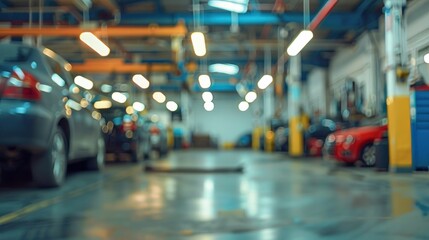 Abstract blur car garage automobile interior building hall. Blurred mechanic service centre auto repair workshop, soft defocused. Blurry car care station background. - obrazy, fototapety, plakaty