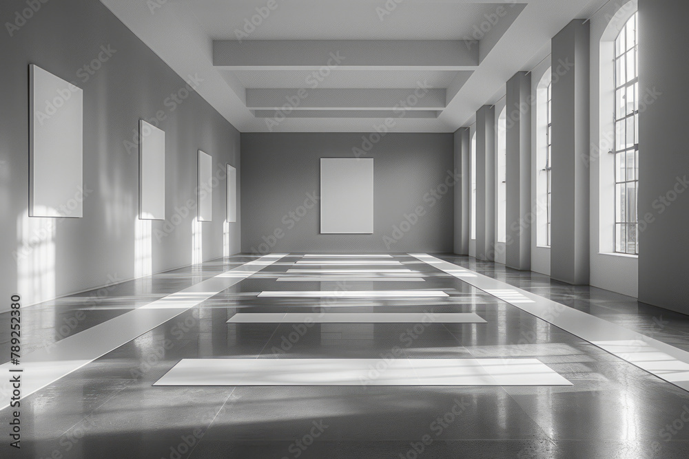 Aufkleber a scene depicting a modern art gallery exhibit, showcasing large canvases filled with overlapping sq