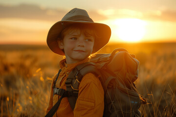 Young explorer in golden hour light. Generative AI image