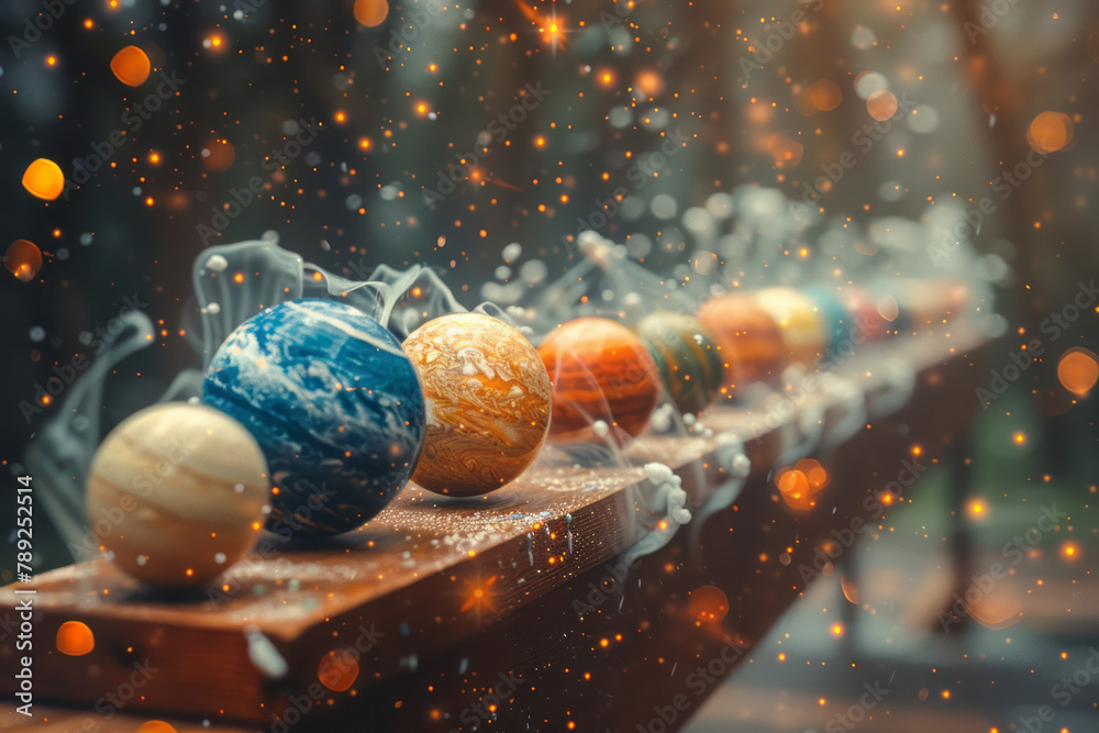 Poster a scene illustrating a cosmos where planets are marbles in a celestial game, stars flickering cheerf