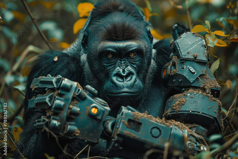 Poster a depiction of a gorilla with an exoskeletal arm, lifting heavy objects as part of a conservation ef
