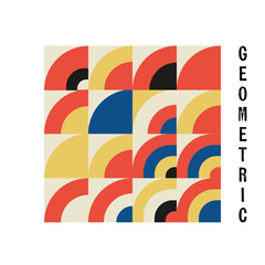 Abstract bauhaus bright pattern in squares. Seamless pattern with green, black, yellow, red colors. Geometric seamless pattern with red, blue, yellow and black color palette	